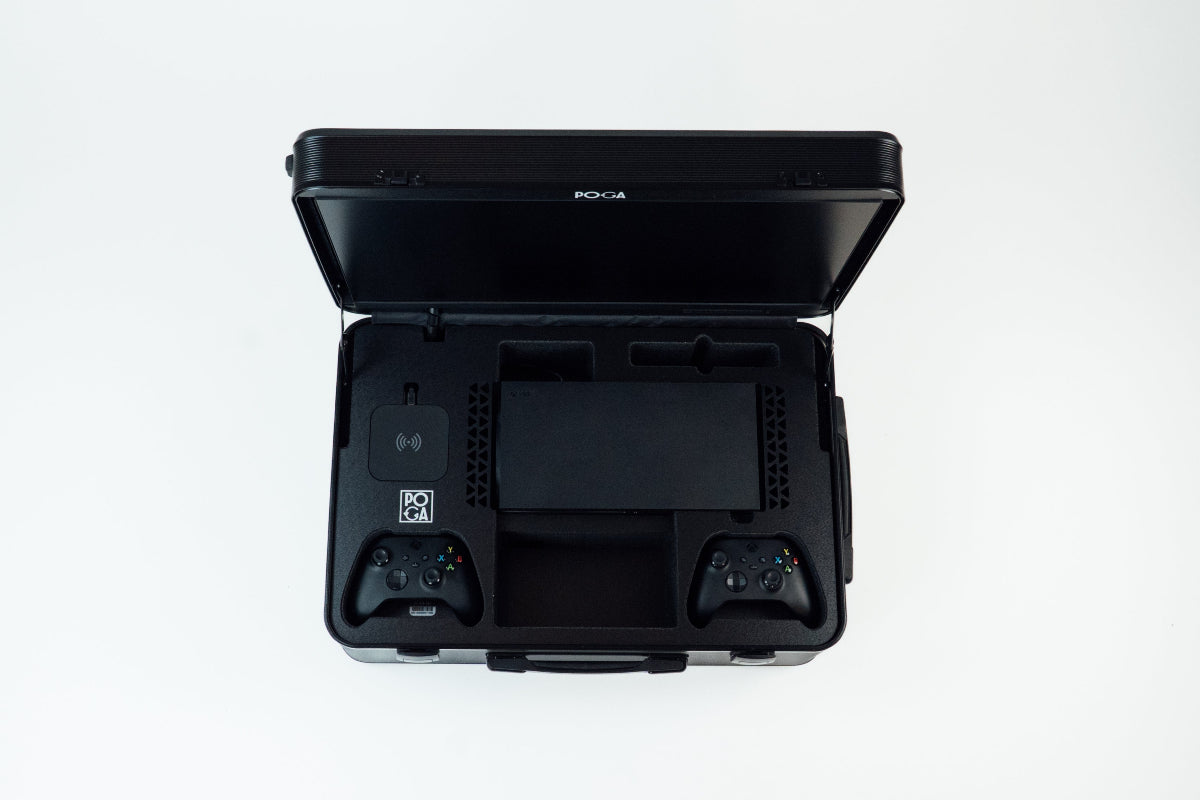 Black carrying case with a device inside on a white background