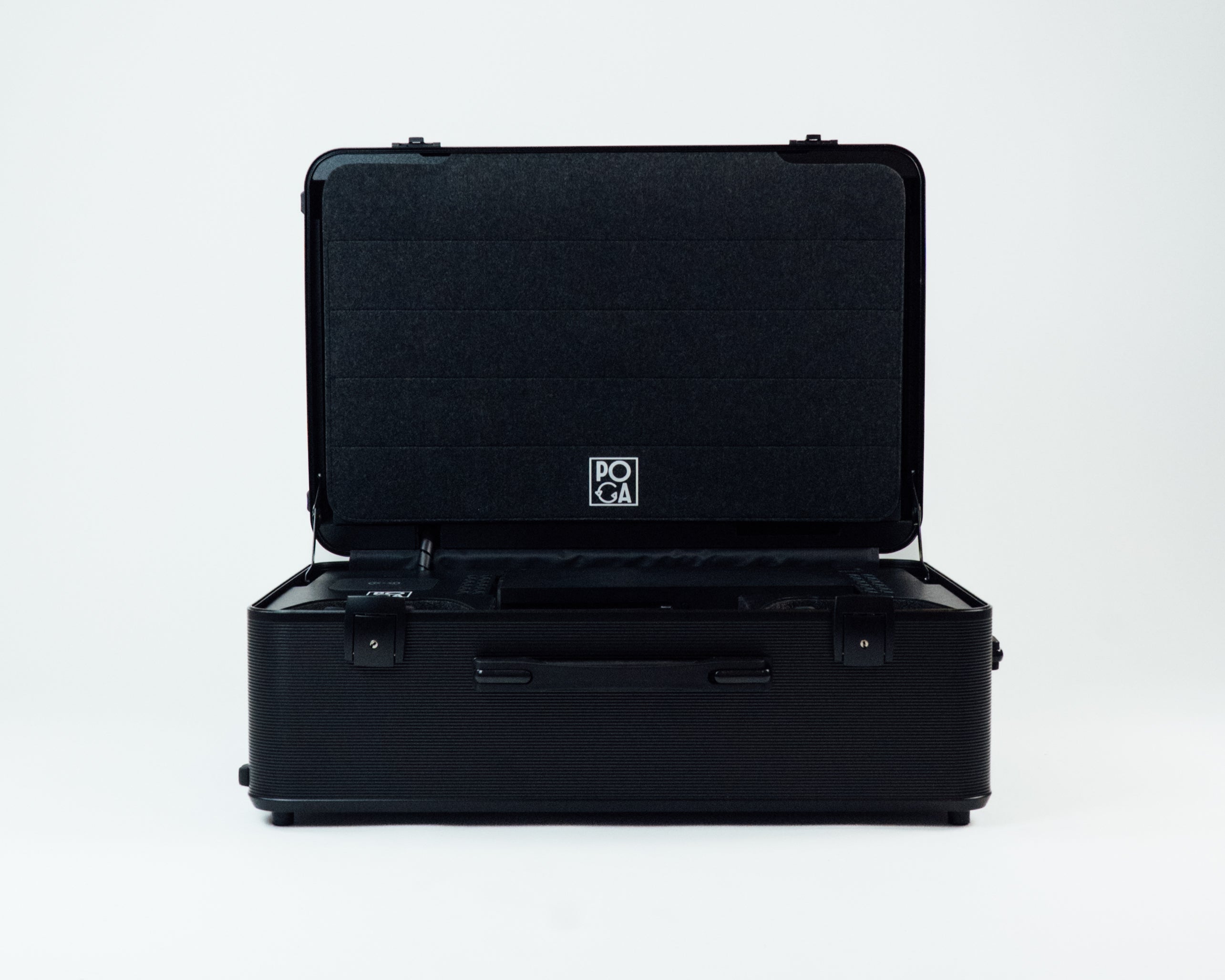 Two black suitcases stacked on a white background