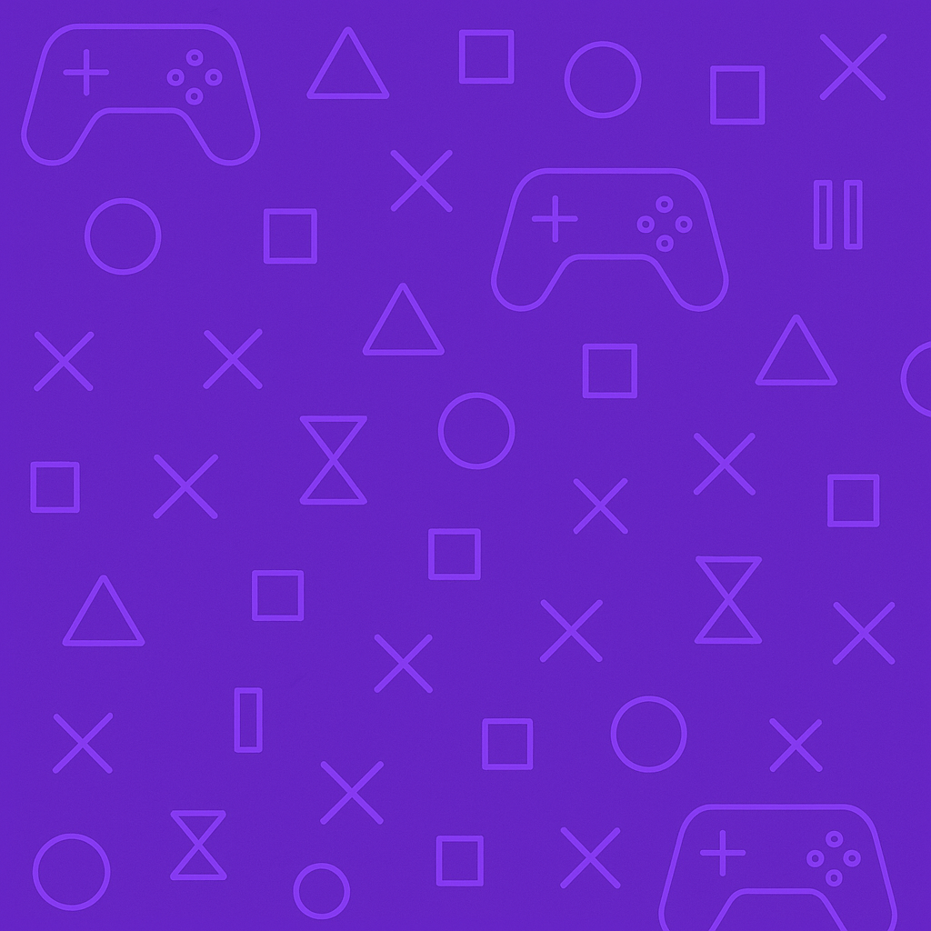 Pattern of gaming controllers and symbols on a purple background