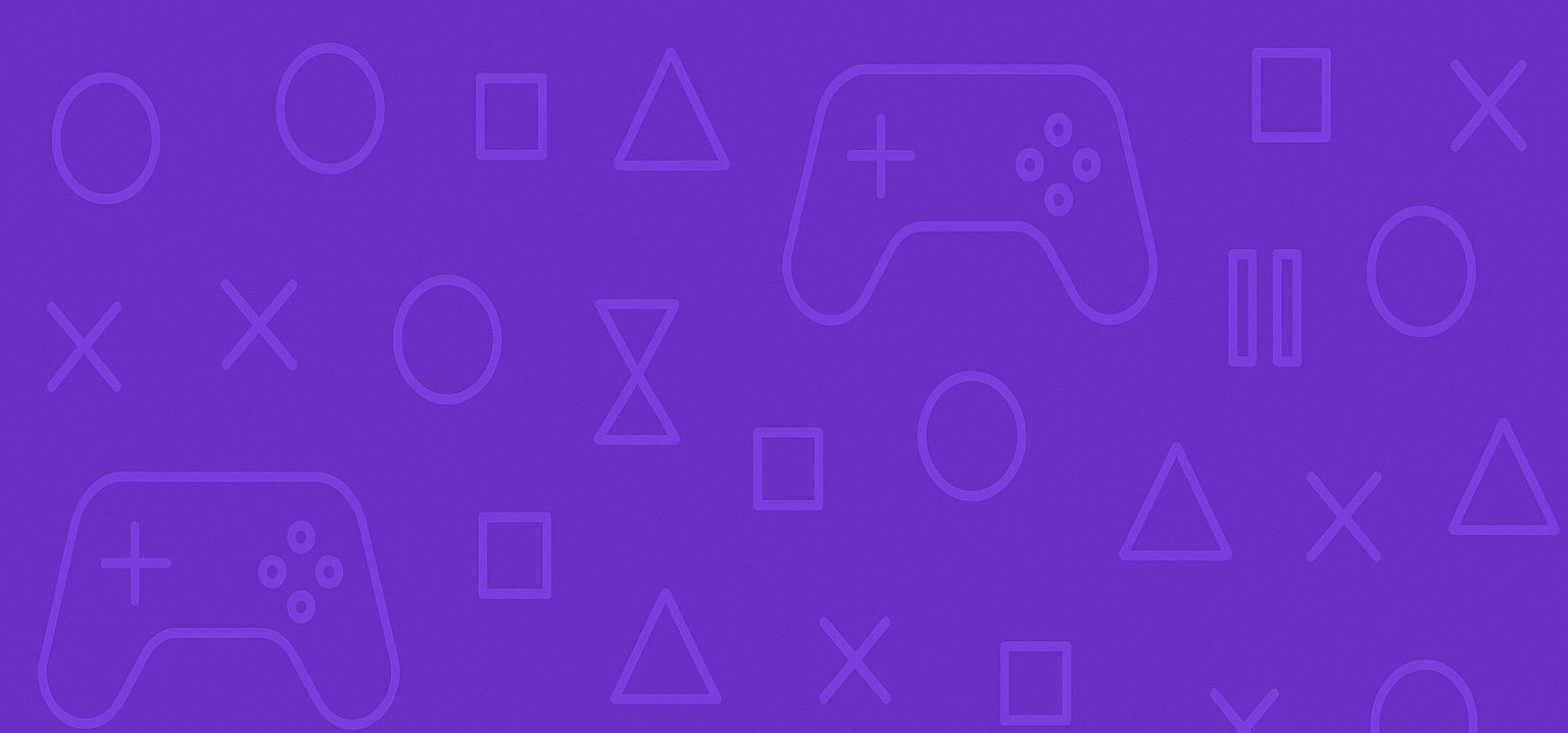 Game controller and symbol pattern on a purple background