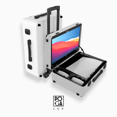 White suitcase with a ps5 console, featuring the POGA LUX brand.